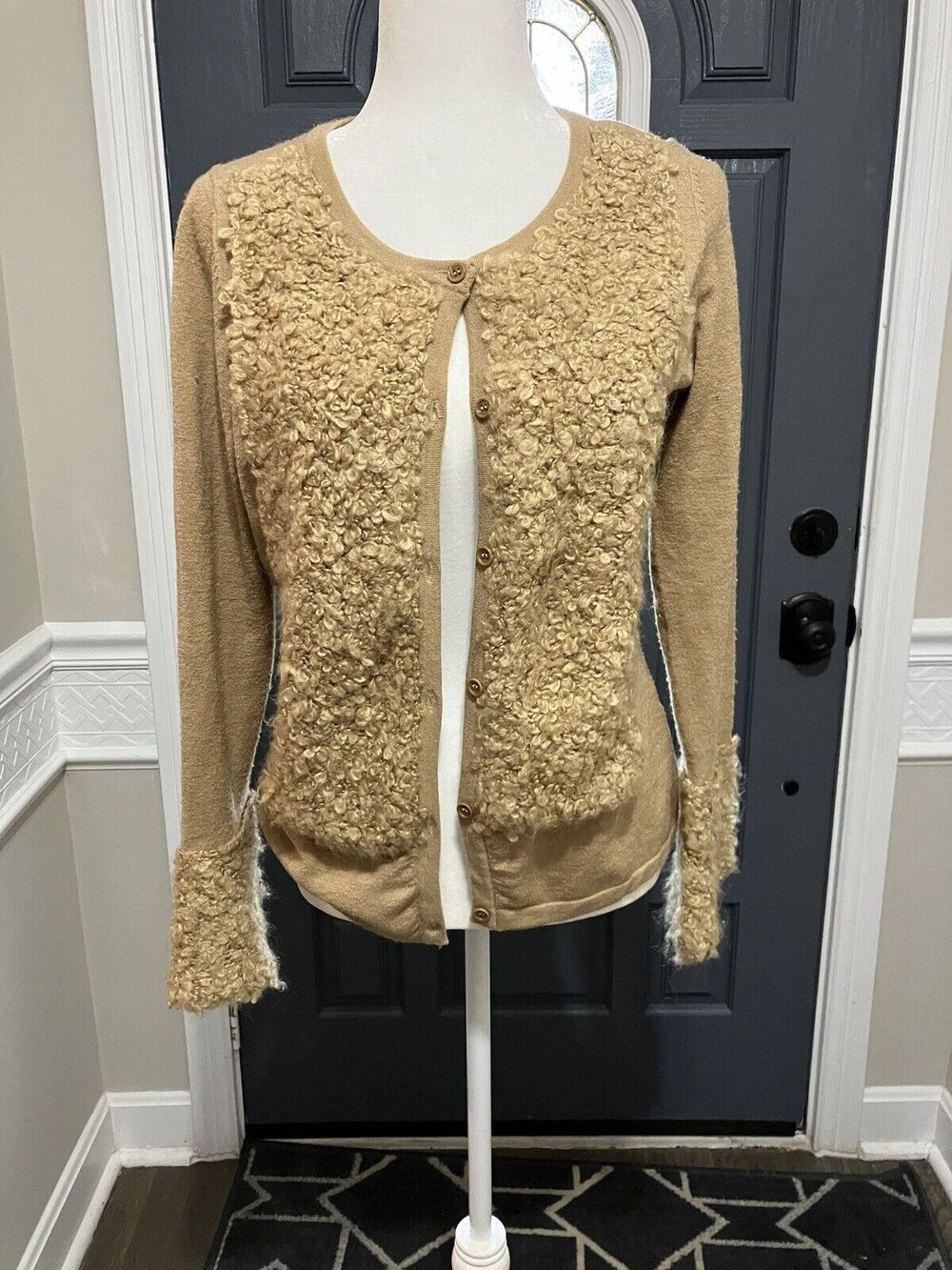 Leon Max Tan Merino Wool Blend Teddy Fleece Cardigan Sweater Jacket Size 8
